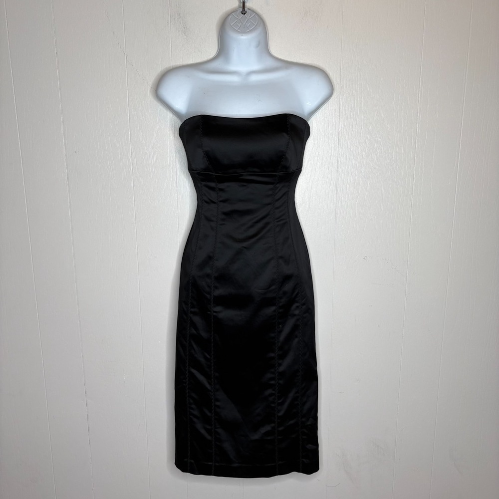VTG Y2K Bebe Cocktail Bodycon Dress XS Black Satin Strapless Vampy Romantic Goth